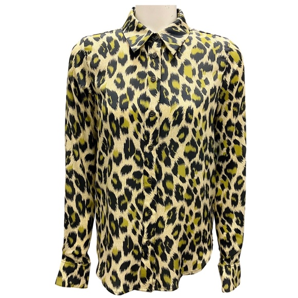SPRWMN GREEN LEOPARD BUTTON UP SILK BLOUSE - Picture 1 of 5